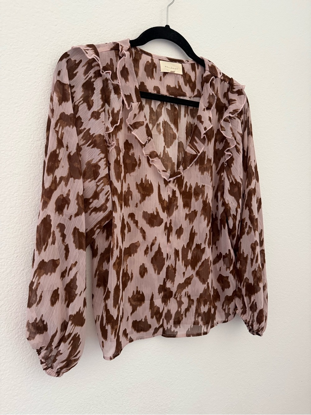 Sheer Ruffled V-Neck Animal Print Blouse S